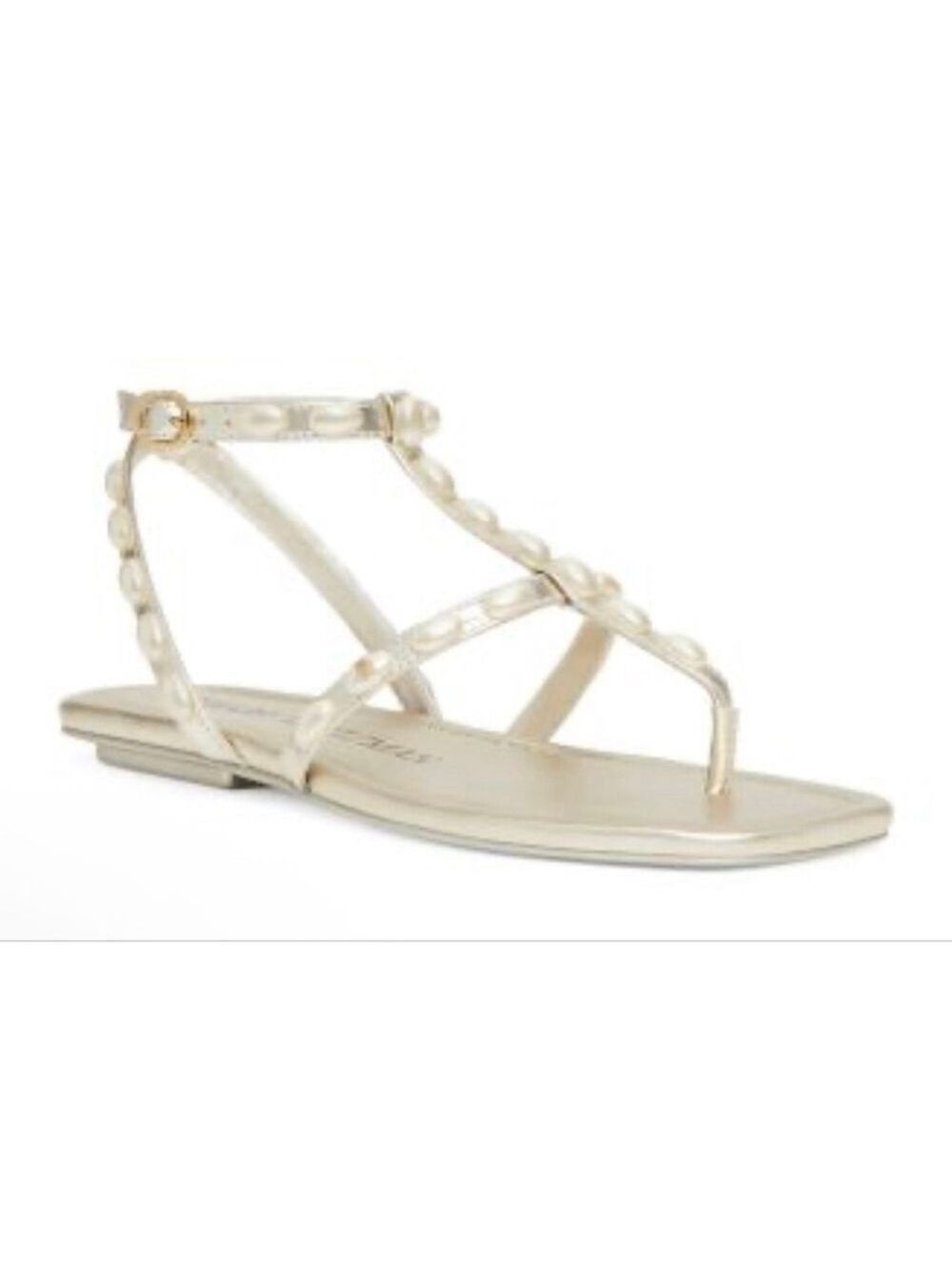 NWT Stuart Weitzman Pearlita Gold Pearl Embellished Flat Sandals Size 8